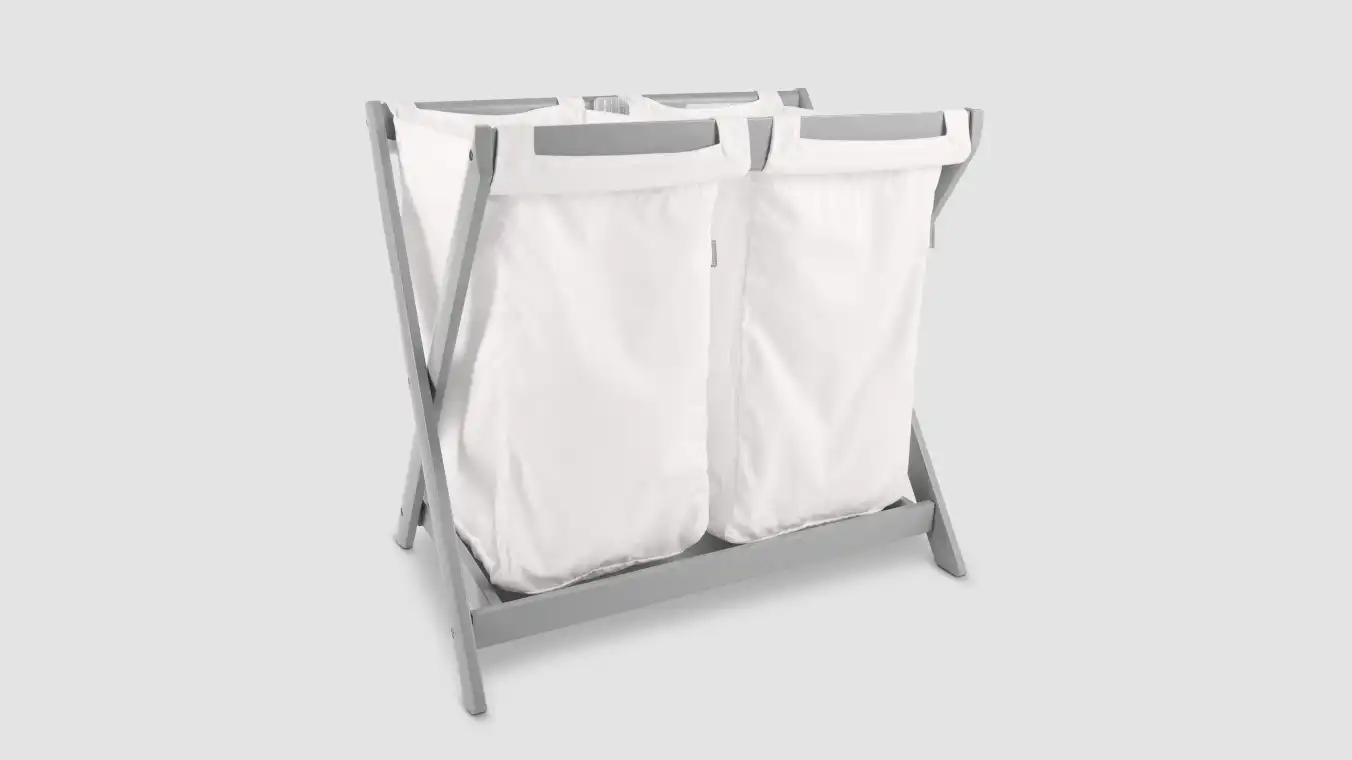 Easily attached two compartment Hamper Insert attached to Bassinet Stand (Grey)