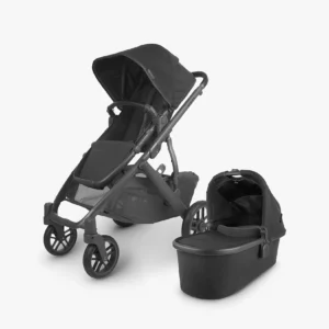 Vista V3 stroller (Jake - charcoal, carbon frame, black leather) with Toddler Seat and Bassinet, both included with the stroller