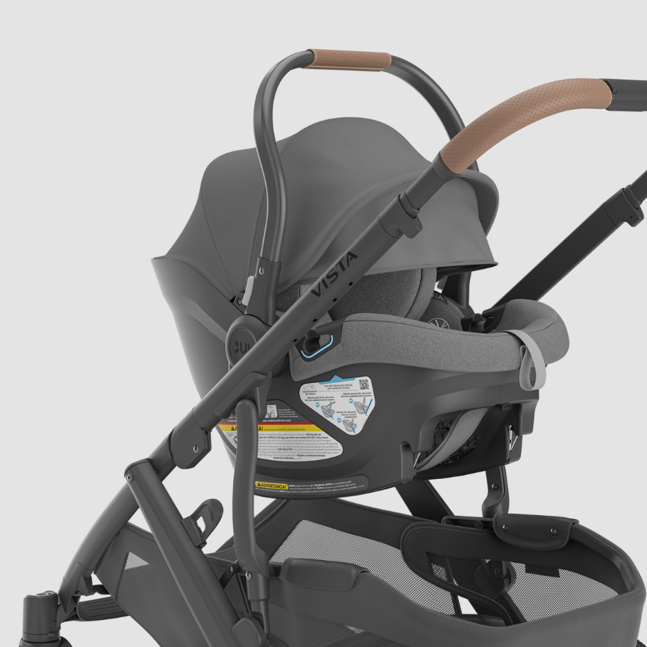 Aria infant ca seat attached to Vista V2 stroller in Greyson fashion - close up parent view