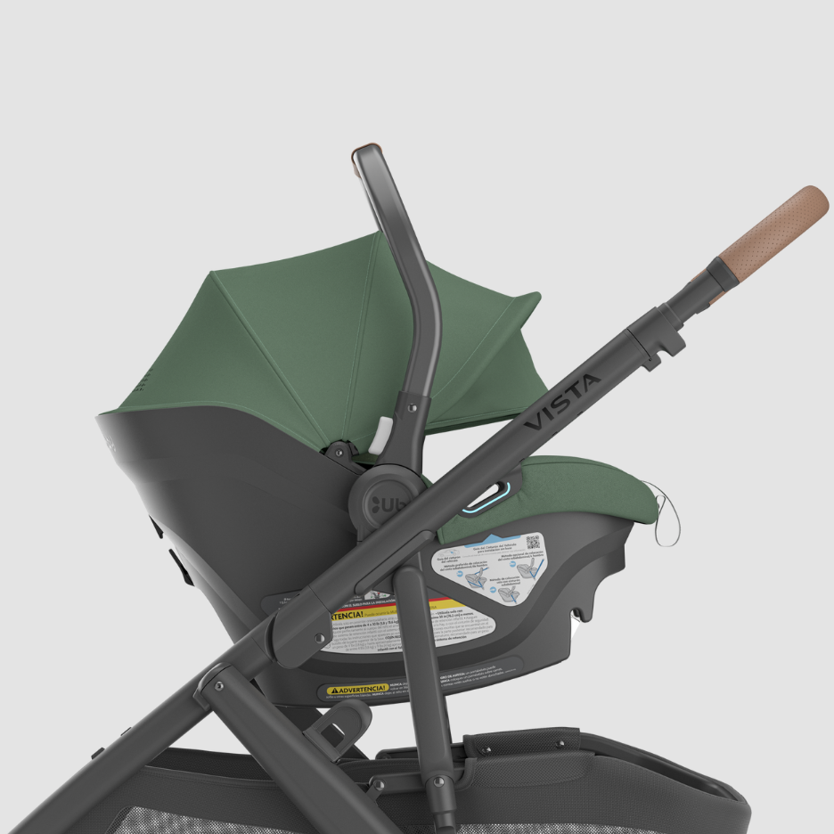 Aria infant ca seat attached to Vista V2 stroller in Gwen fashion - close up side view