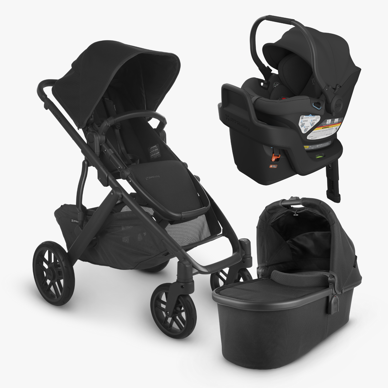 A Vista V2 with included Toddler Seat, included Bassinet, and the compatible Aria Infant Car Seat