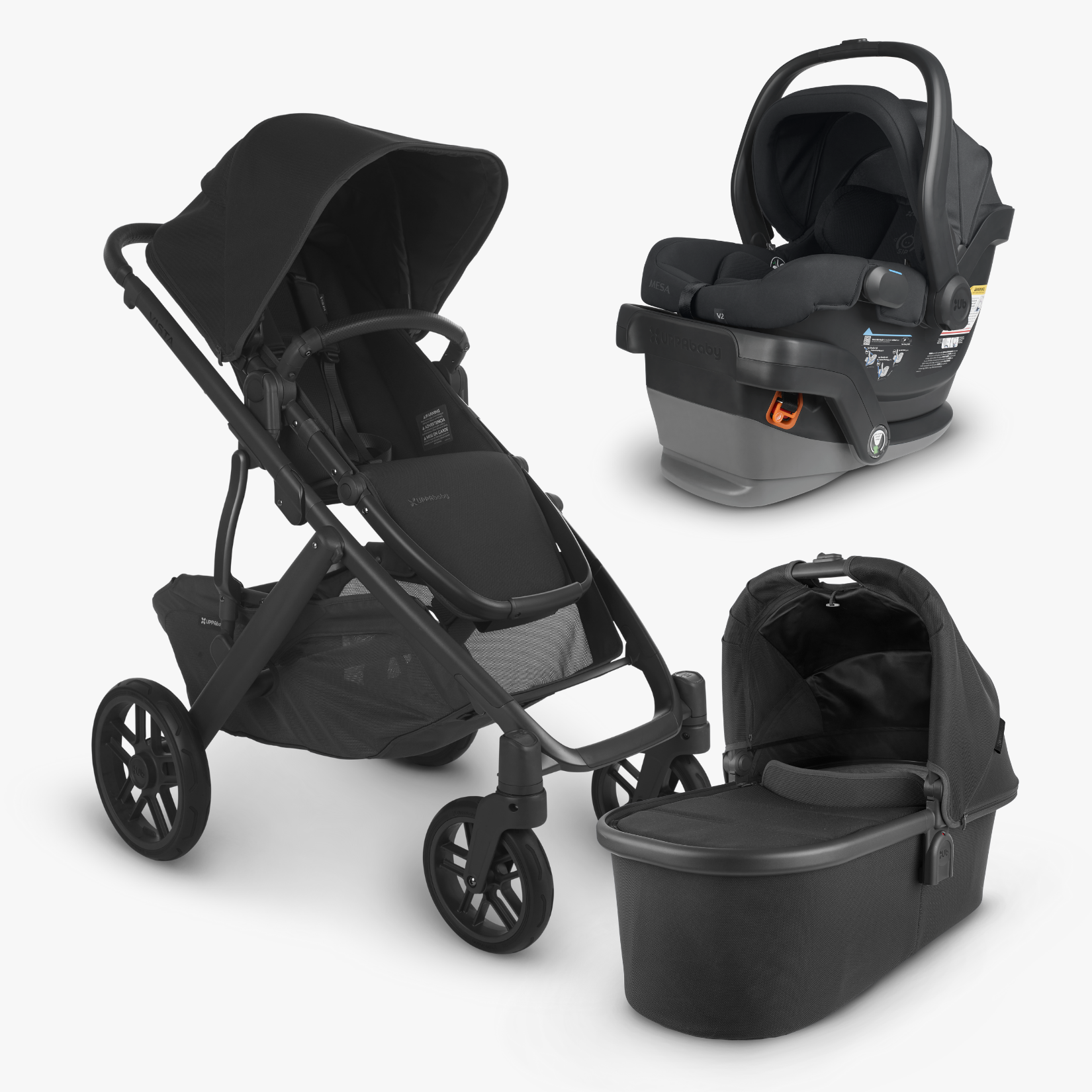 A Vista V2 with included Toddler Seat, included Bassinet, and the compatible Mesa V2 Infant Car Seat