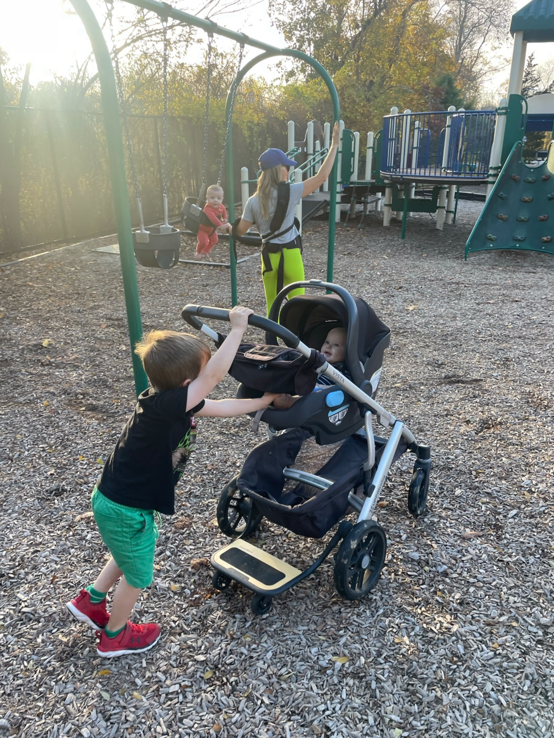 Baby Anthony Emala utilizing the Vista V2 travel system, sitting comfortably in the Mesa car seat attached directly to a Vista V2 stroller