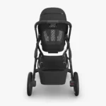 Parent view of Vista V3 (Jake) showcasing mesh backing of All-Weather Comfort Seat, Enhanced FlexRide Suspension system, and easy-access foot brake with visual indication