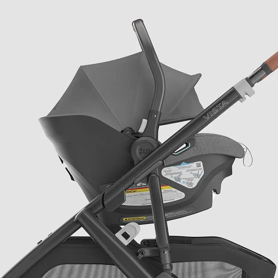 Aria Infant Car Seat attached to Vista V3 Stroller in Greyson